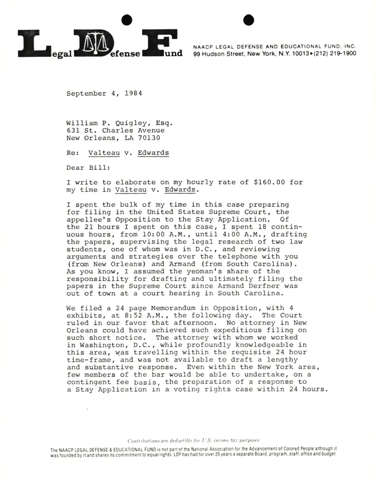 Letter from Lani Guinier to William Quigley RE Valteau v. Edwards preview