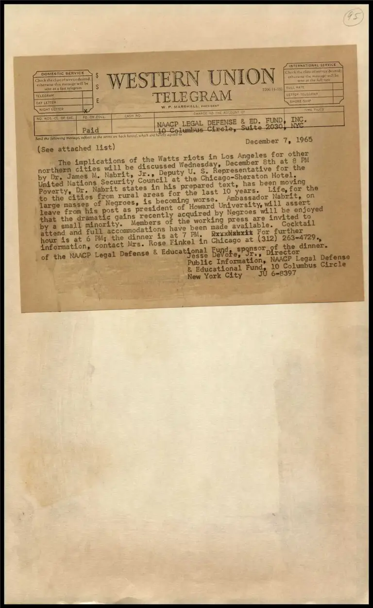 Telegram re: Dr. Nabrit's Discussion of the Implications of the Watts Riots for Other Northern Cities preview