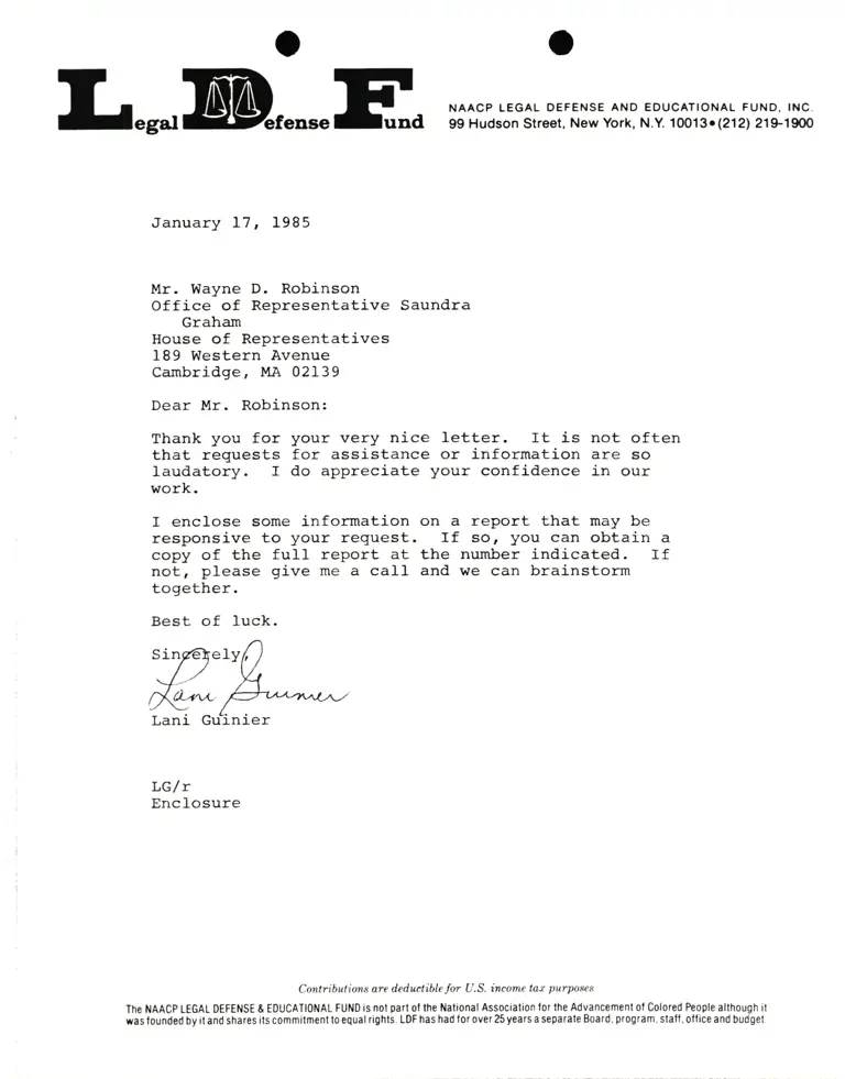 Correspondence from Lani Guinier to Wayne D. Robinson (Office of Representative Saundra Graham) preview