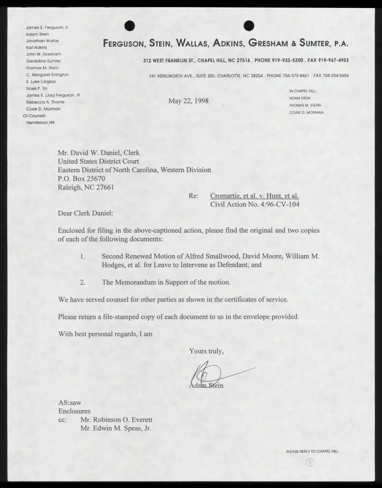 Letter to Court From Stein RE: Enclosed Documents For Filing preview