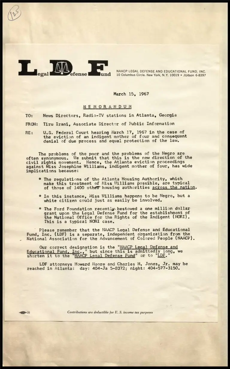Memorandum on Federal Court Hearing in the Case of Eviction of Indigent Mother of 4 and Consequent Denial of Due Process preview