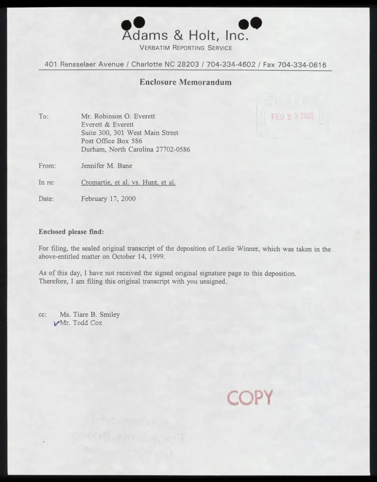 Memo from Bane to Everett RE Unsigned Transcript of the Deposition of Leslie Winner preview
