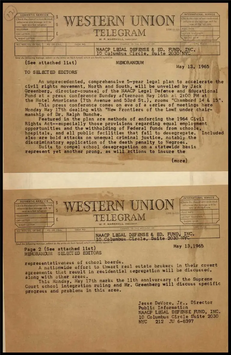 Memo on Editors on 5-Year Plan to be Announced at 5/16 Press Conf. (Telegram) preview