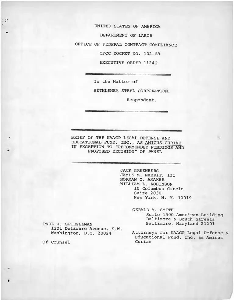 United States v. Bethlehem Steel Corporation Brief of the NAACP Legal Defense and Educational Fund as Amicus Curiae in Exception to "Recommended Findings and Proposed Decision" of Panel preview