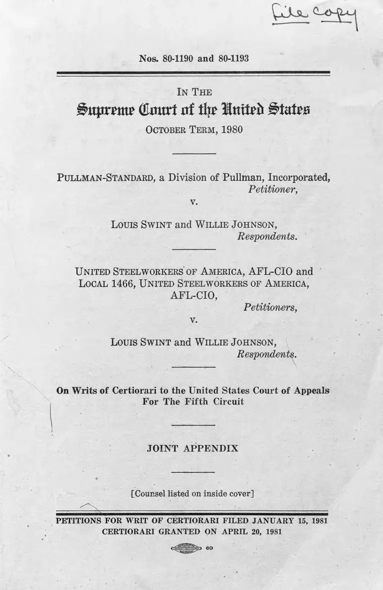 Pullman Standard Incorporated v. Swint Joint Appendix preview