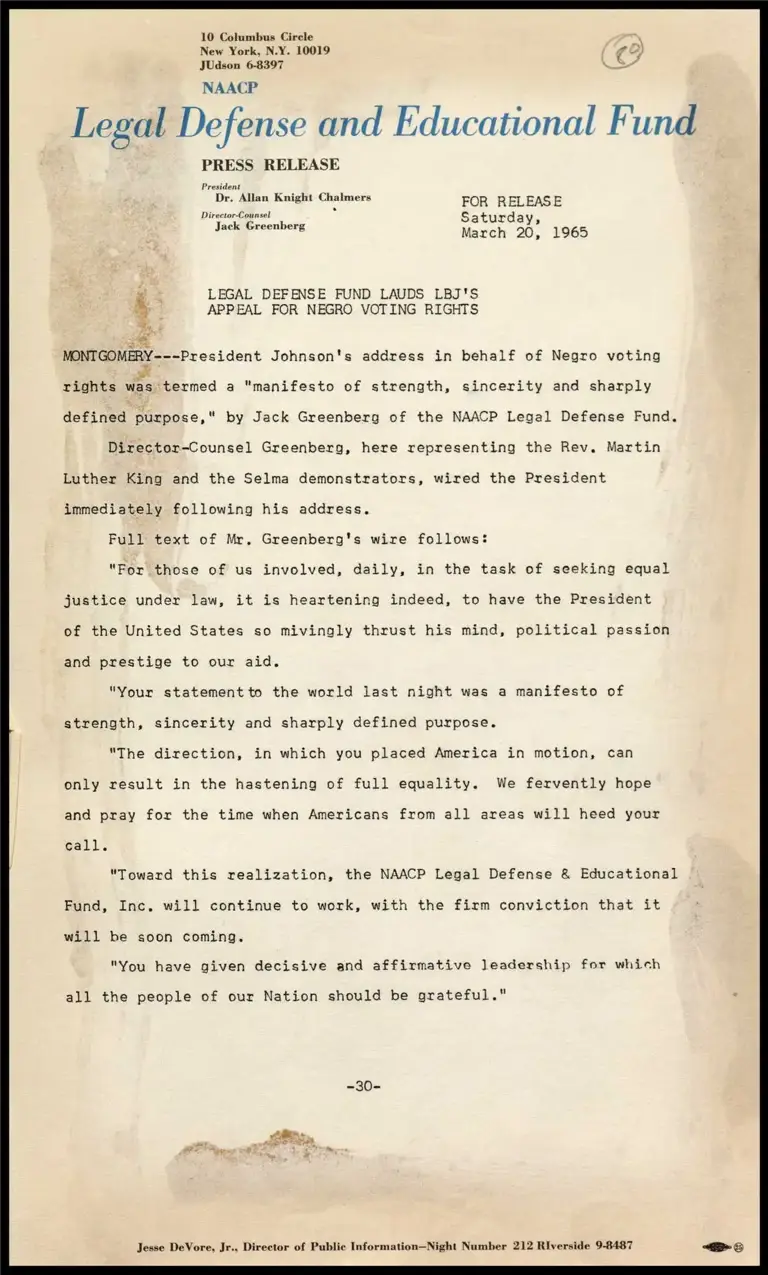 Legal Defense Fund Lauds LBJ's Appeal for Negro Voting Rights preview