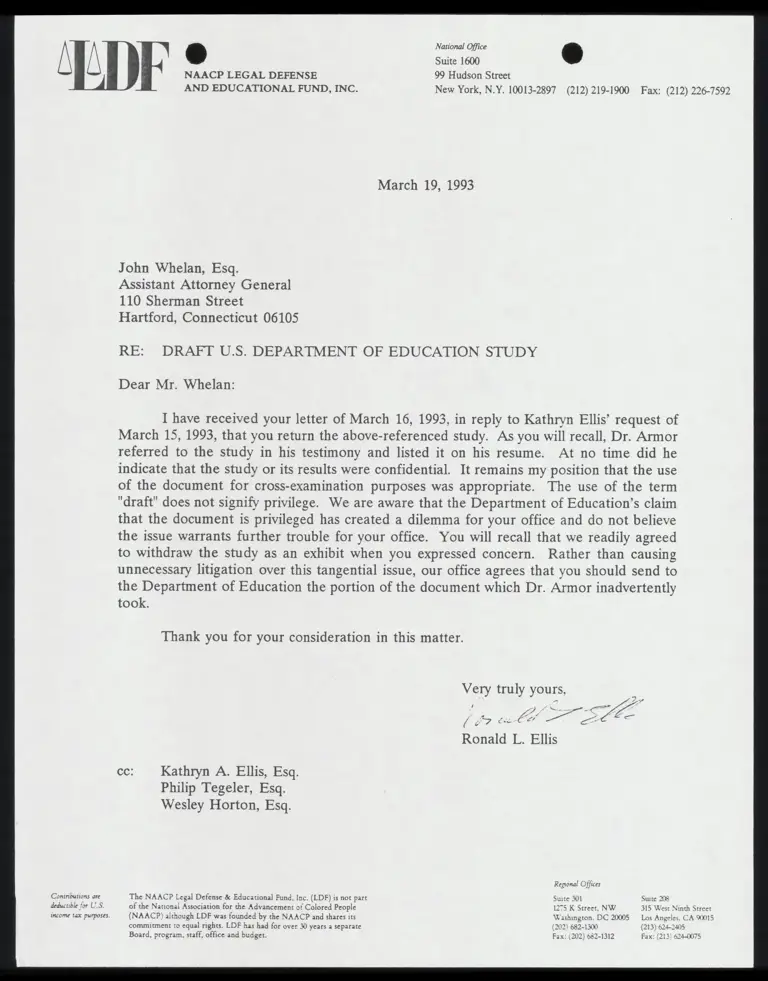 Correspondence from Ellis to Whelan Re: Draft US Department of Education Study preview