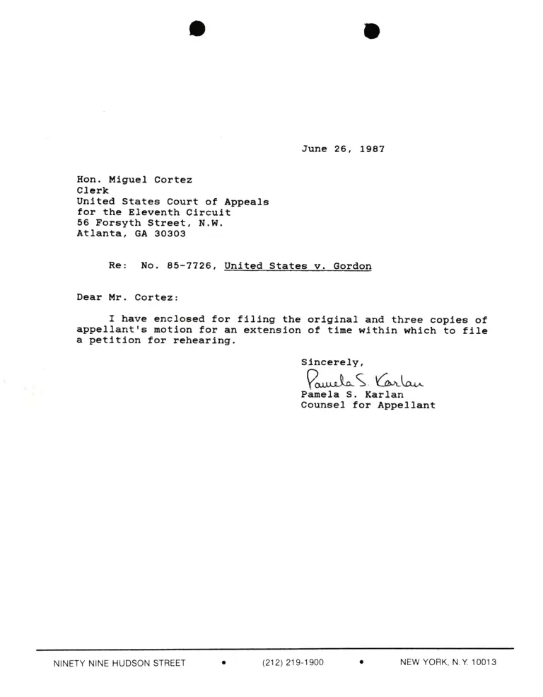 Correspondence from Pamela Karlan to Miguel Cortez (Clerk) Re: United States v. Spiver Gordon preview