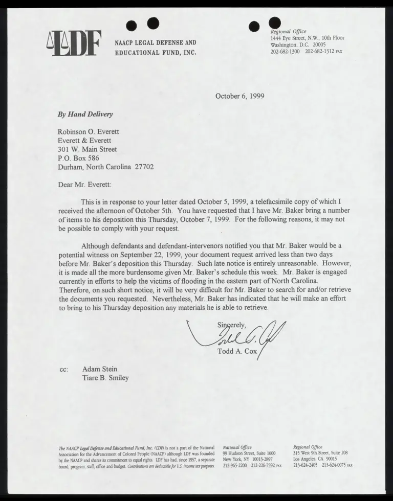 Letter to Everett RE: Difficulty providing requested information at Dr. Baker’s deposition preview