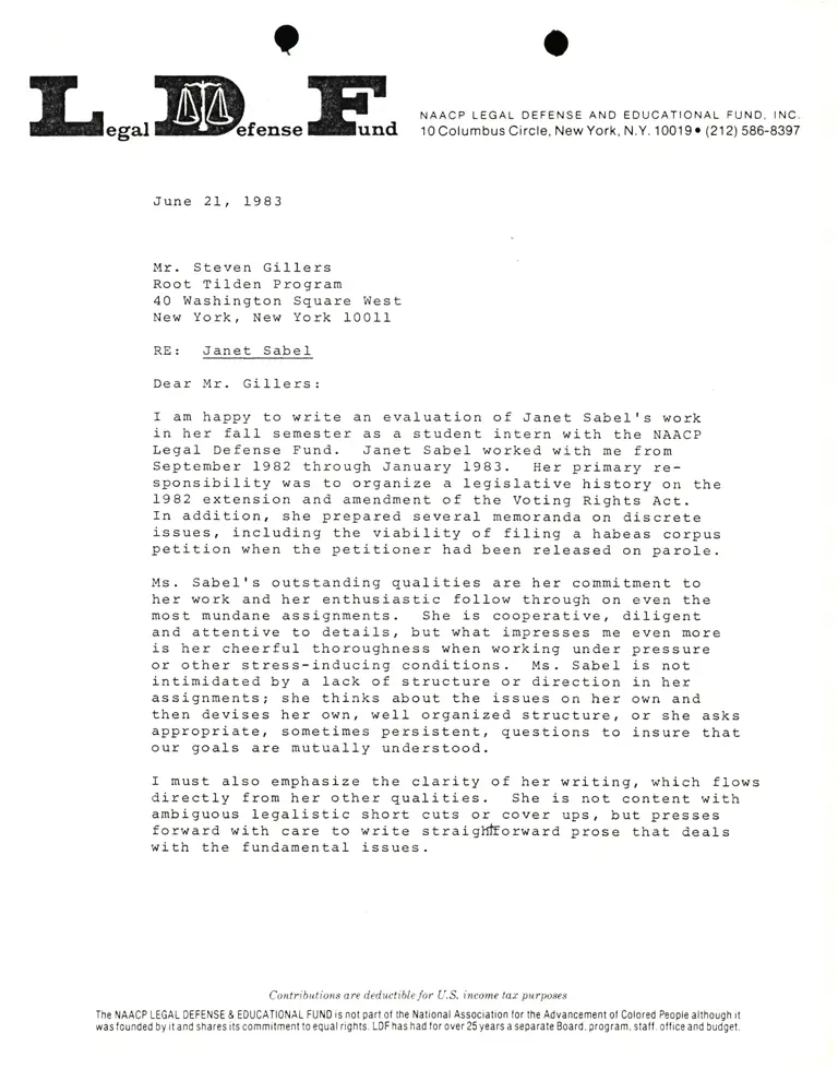 Correspondence from Lani Guinier to Steven Gillers (Root Tilden Program) RE: Janet Sabel preview