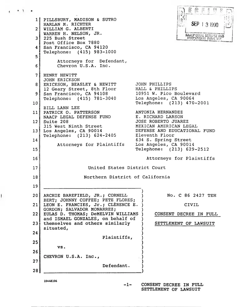 Barefield v. Chevron Consent Decree in Full Settlement of Lawsuit preview