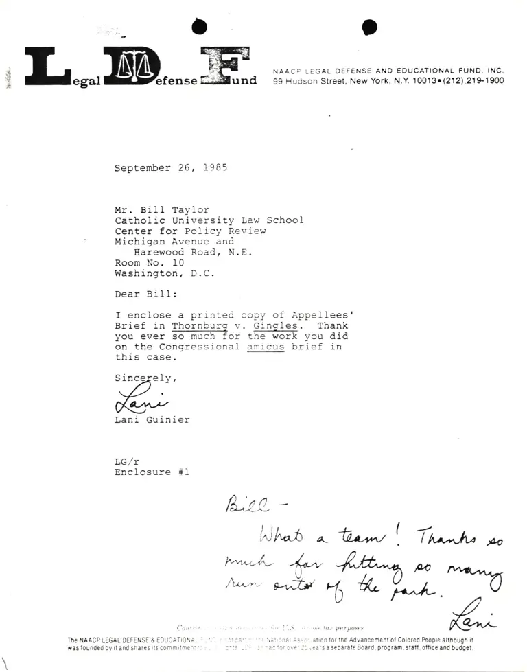 Correspondence from Lani Guinier to Bill Taylor (Catholic University Law School) Re Thornburg v. Gingles preview