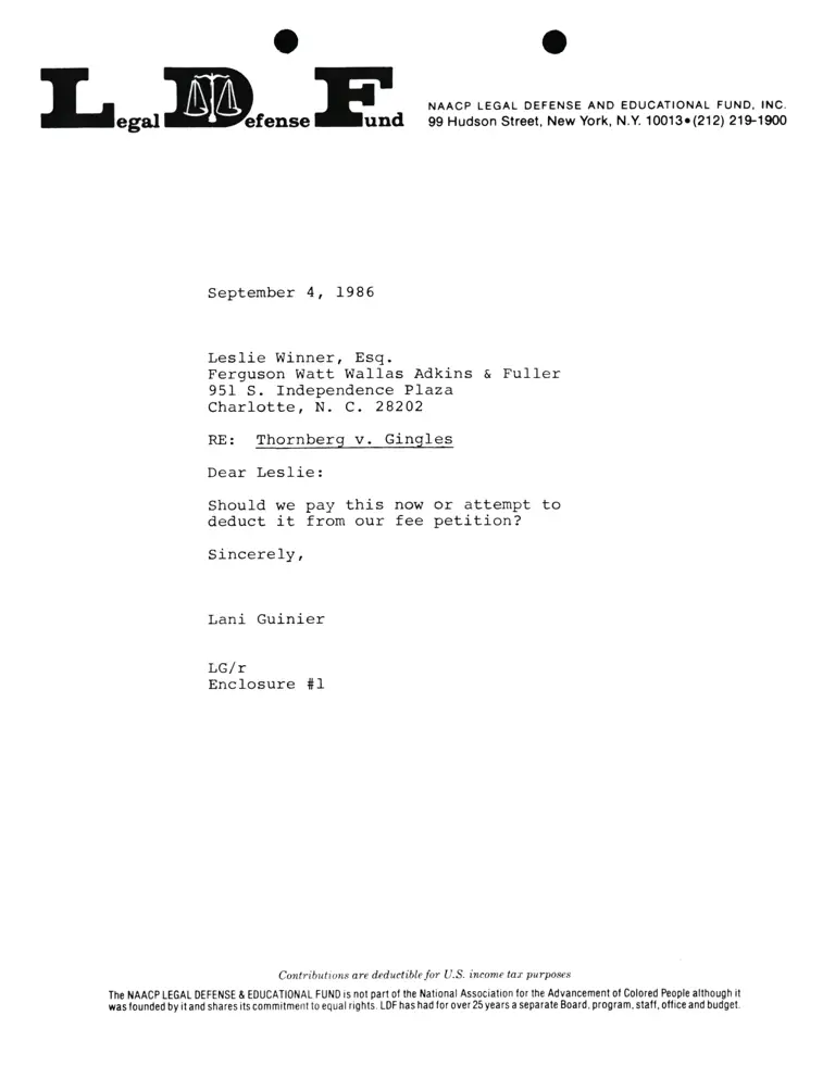 Correspondence from Lani Guinier to Leslie Winner Re Thornburg v. Gingles preview