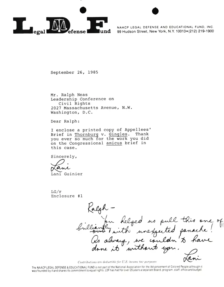 Correspondence from Lani Guinier to Ralph Neas (Leadership Conference on Civil Rights) Re Thornburg v. Gingles preview