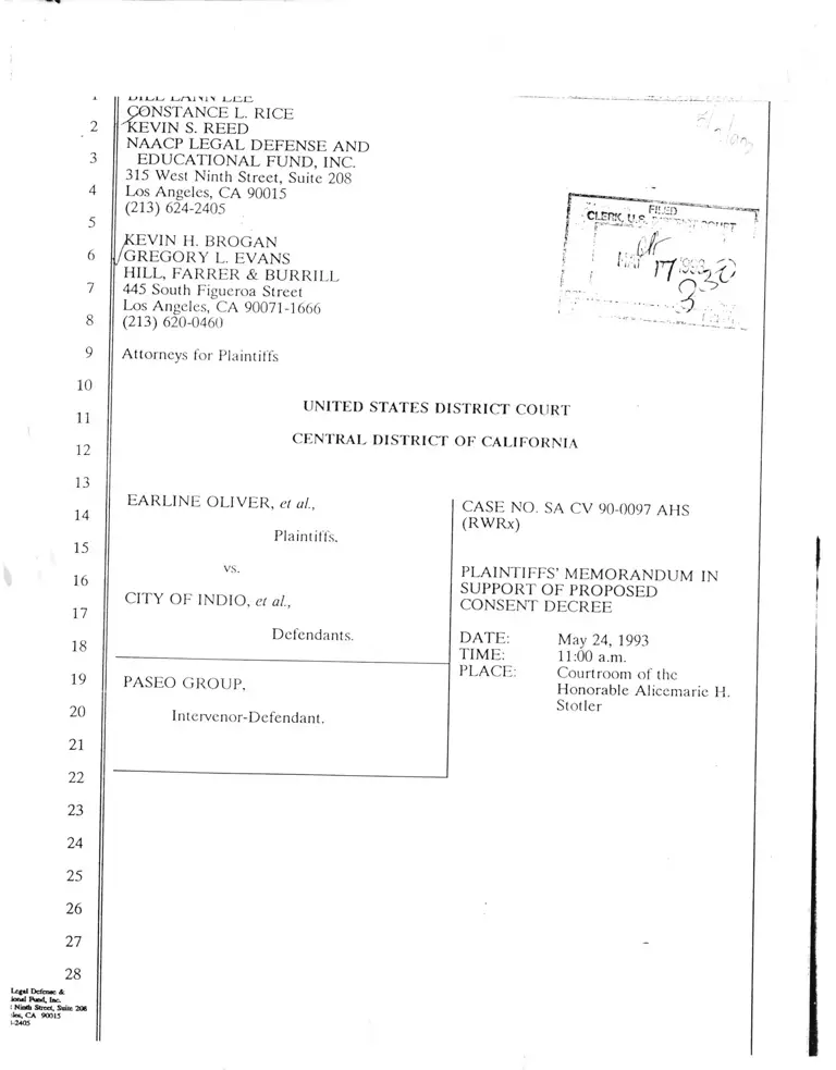 Oliver v. City of Indio Plaintiffs' Memorandum in Support of Proposed Consent Decree preview