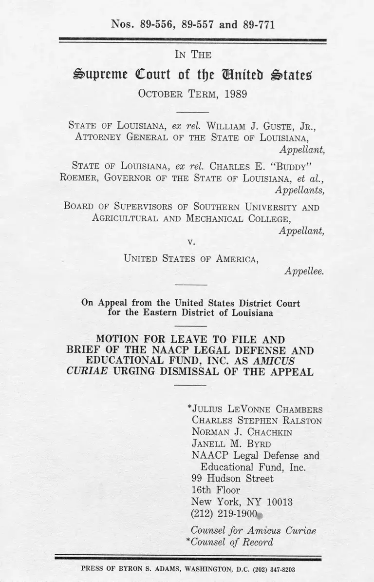 State of Louisiana v. United States of America Motion for Leave to File Brief Amicus Curiae Urging Dismissal of the Appeal preview