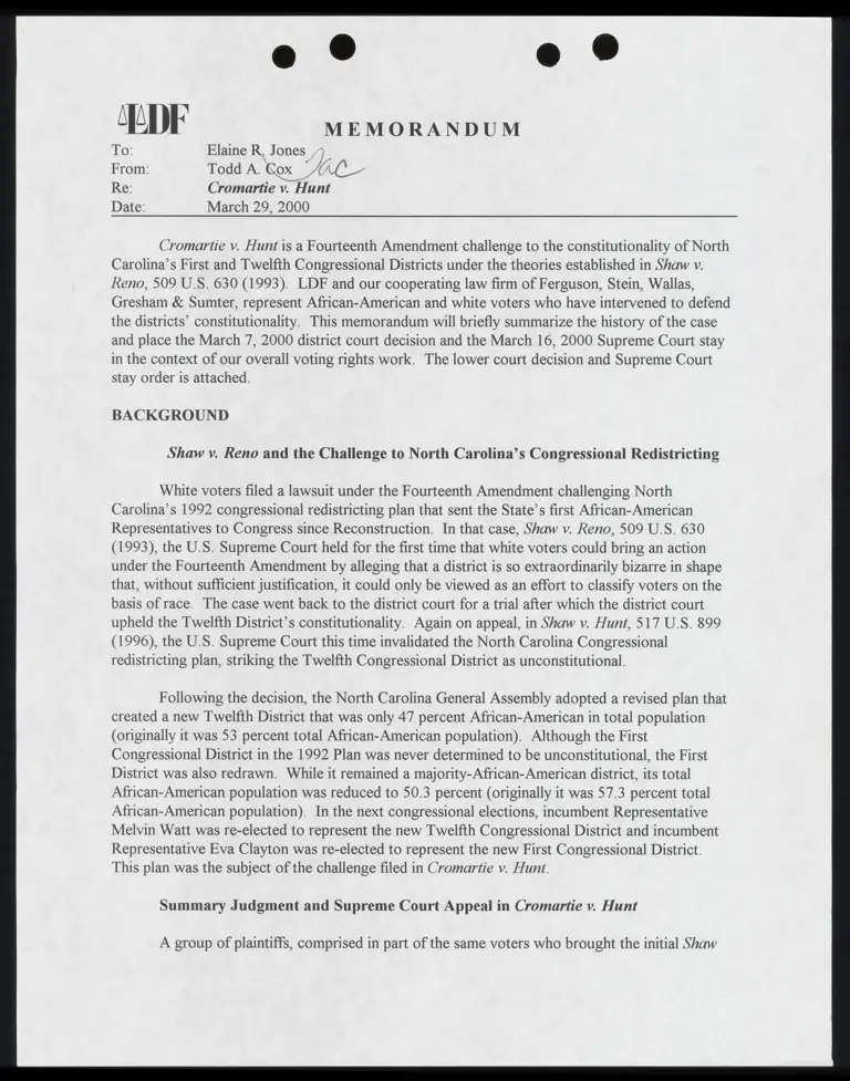 Memo to Jones from Cox RE: Summary of Case preview