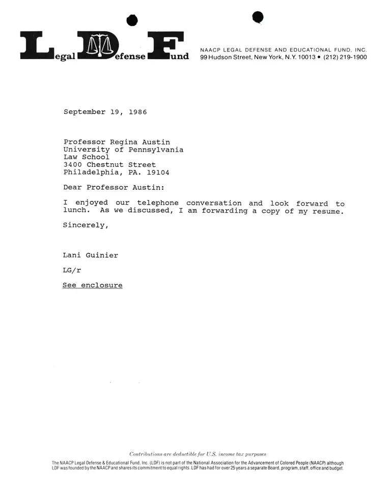 Correspondence from Lani Guinier to Prof. Regina Austin preview