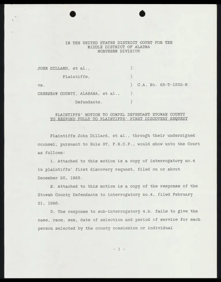 Plaintiffs' Motion to Compel Defendant Etowah County to Respond Fully to Plaintiffs' First Discovery Request preview