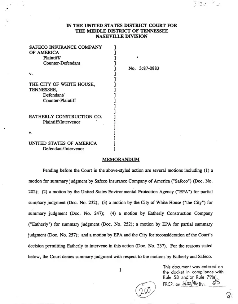 Safeco Insurance Company of America v City of White House Memorandum preview