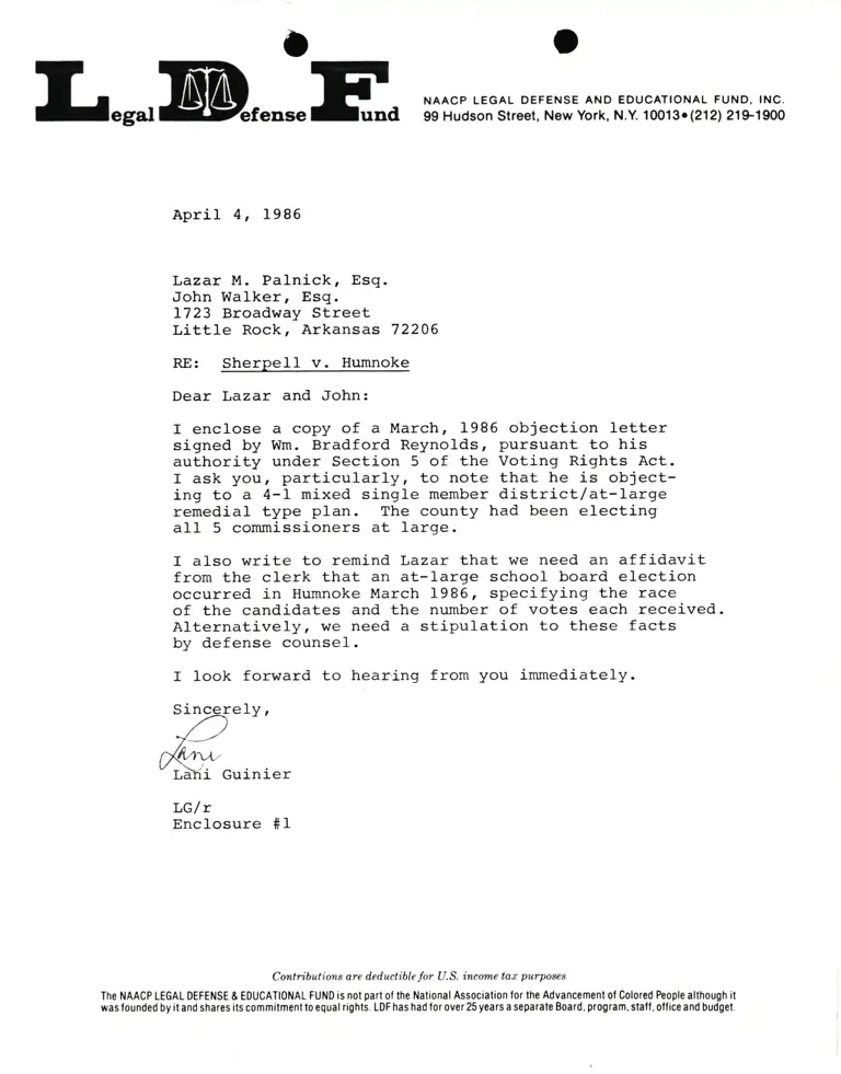 Correspondence from Lani Guinier to Lazar Palnick and John Walker Re Sherpell v. Humnoke preview