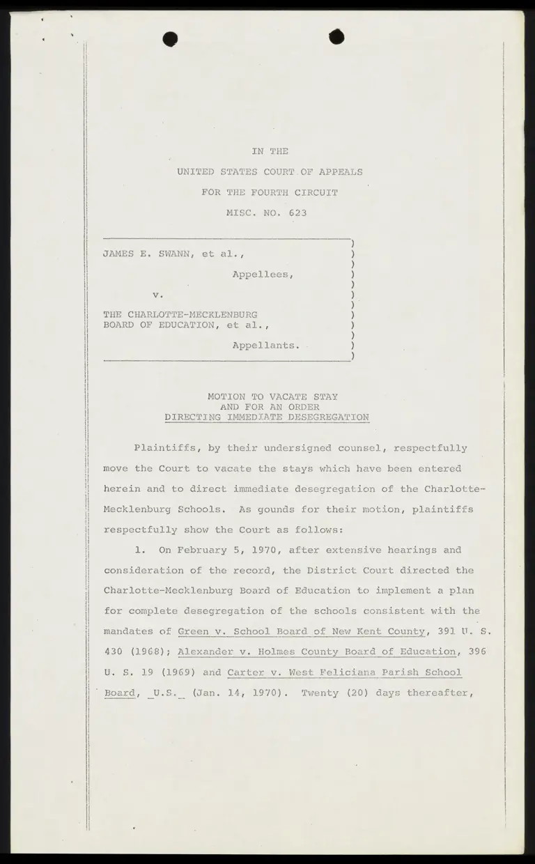 Motion to Vacate Stay and for an Order Directing Immediate Desegregation preview