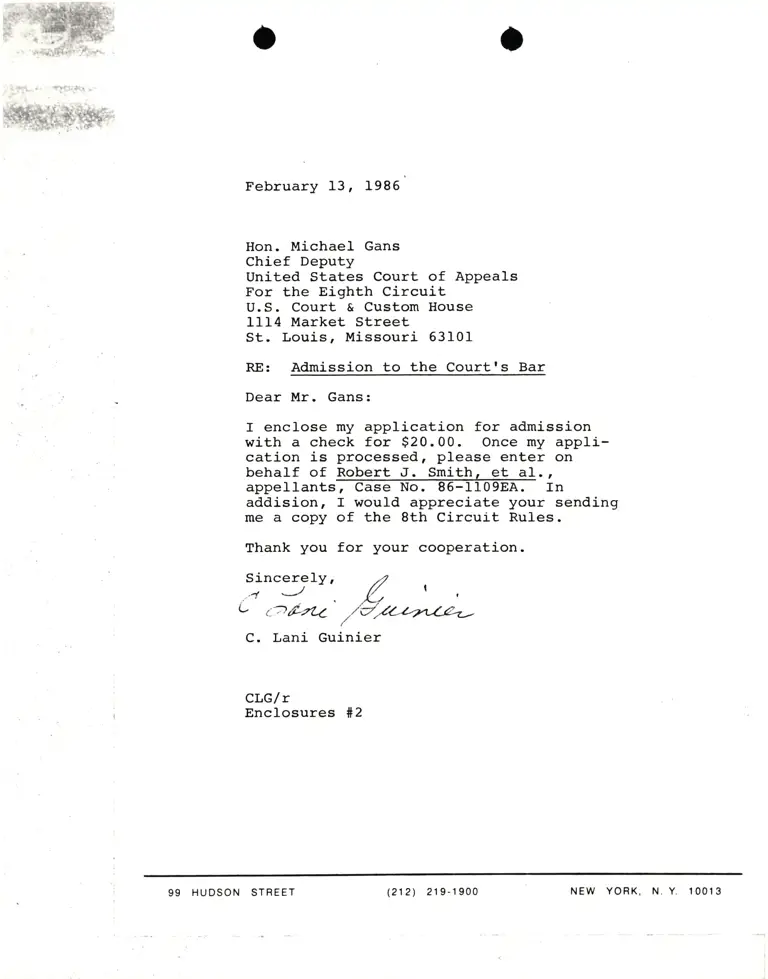 Correspondence from Lani Guinier to Michael Gans (U.S. Court and Custom House) Re Admission to the Court's Bar preview