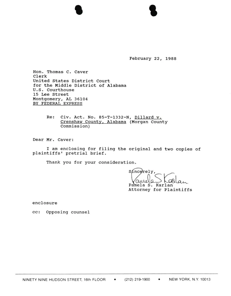Correspondence from Pamela Karlan to Thomas C. Caver (Clerk) Re: Dillard v. Crenshaw County preview