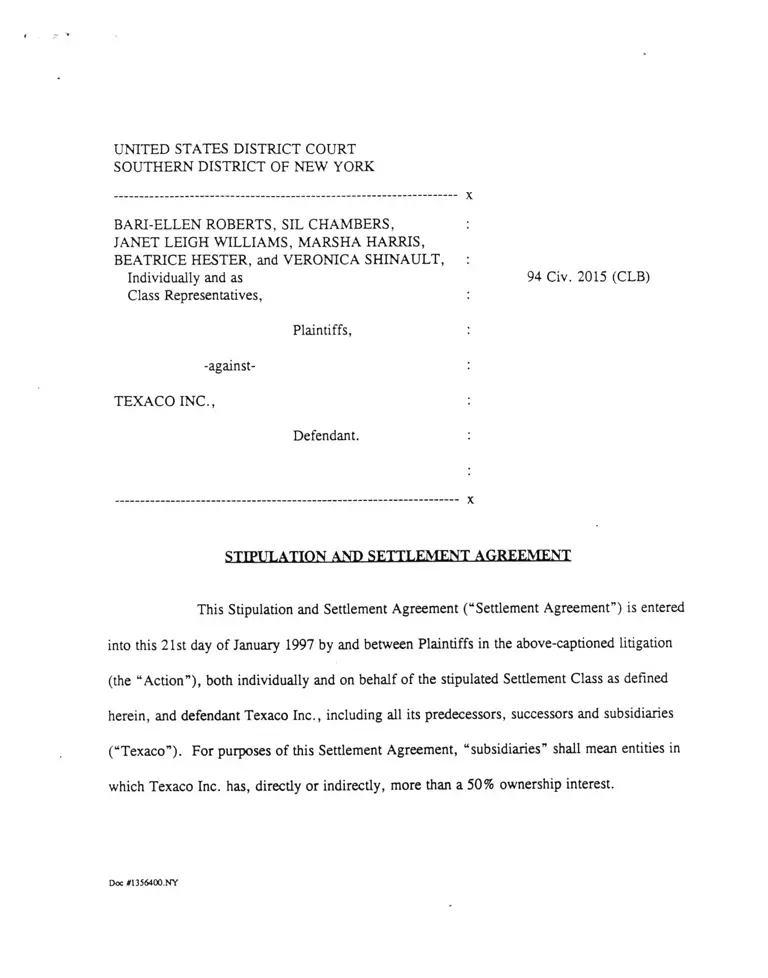 Roberts v Texaco Stipulation and Settlement Agreement preview