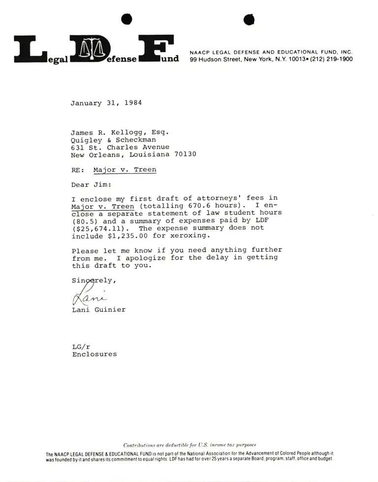 Letter from Lani Guinier to James Kellogg RE: First draft of attorney's fees preview