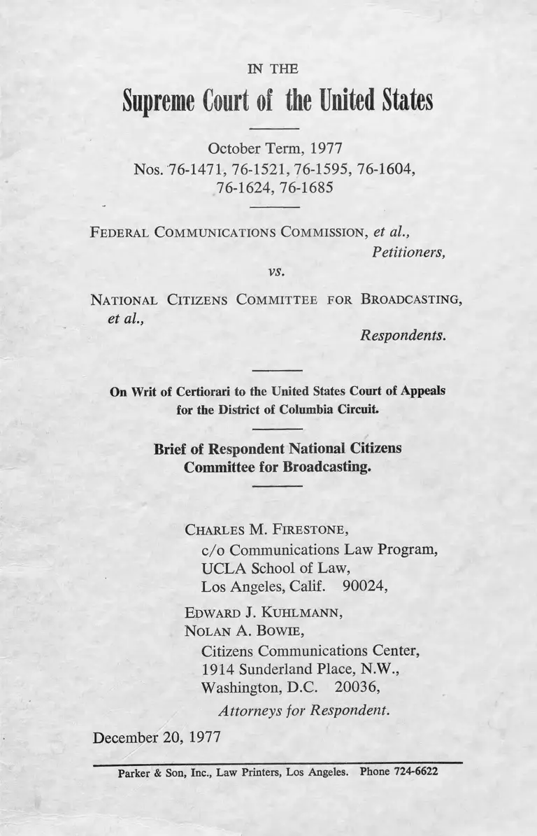 Federal Communications Commission v. National Citizens Committee for Broadcasting Brief of Respondent preview