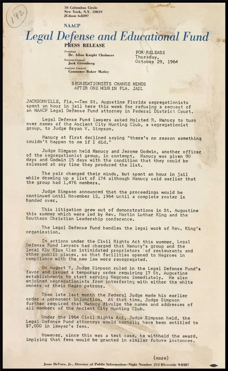 Segregationists Change Minds After One Hour in Fla. Jail; Seek Speedier Integration of Negroes in Durham, N.C. preview