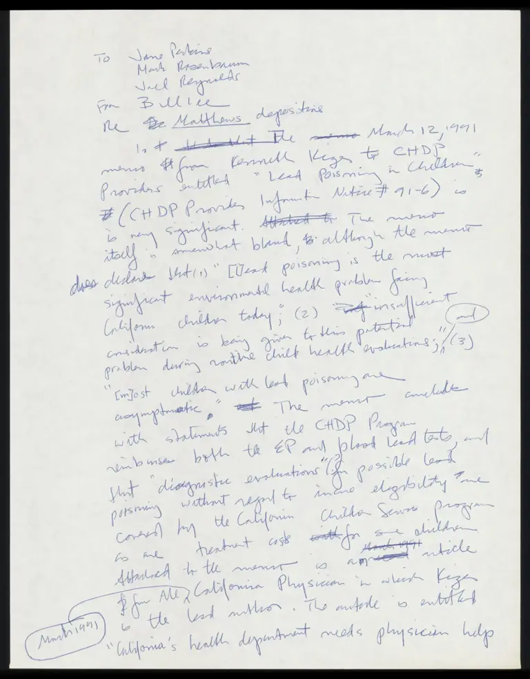 Written Memo from Lee to Counsel Re: Matthews Depositions preview