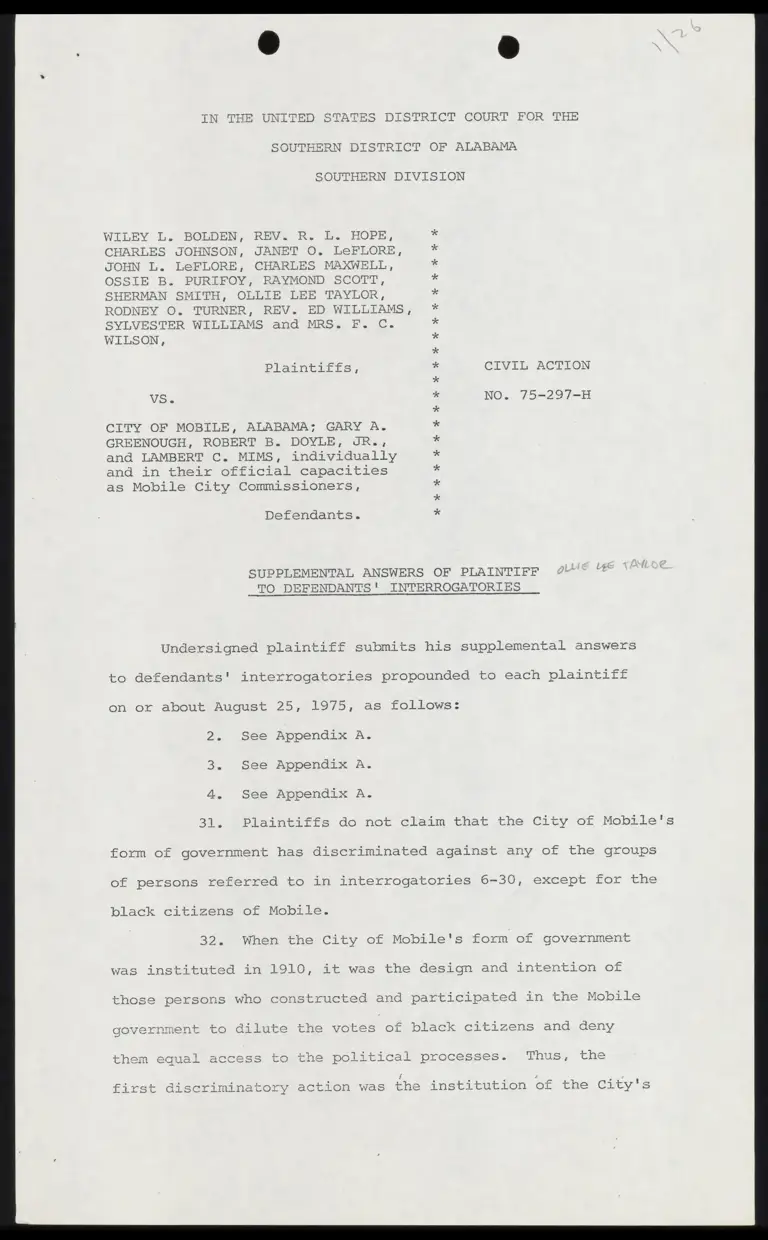 Supplemental Answers of Plaintiff Ollie Lee Taylor to Defendants' Interrogatories preview