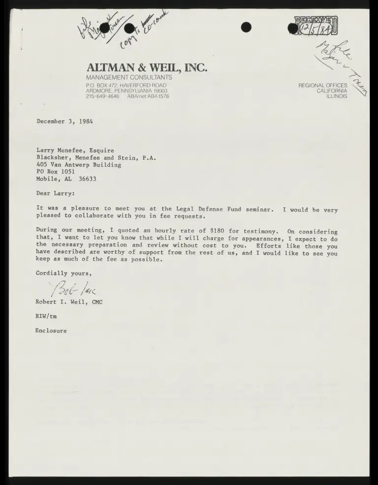 Correspondence from Weil to Menefee preview