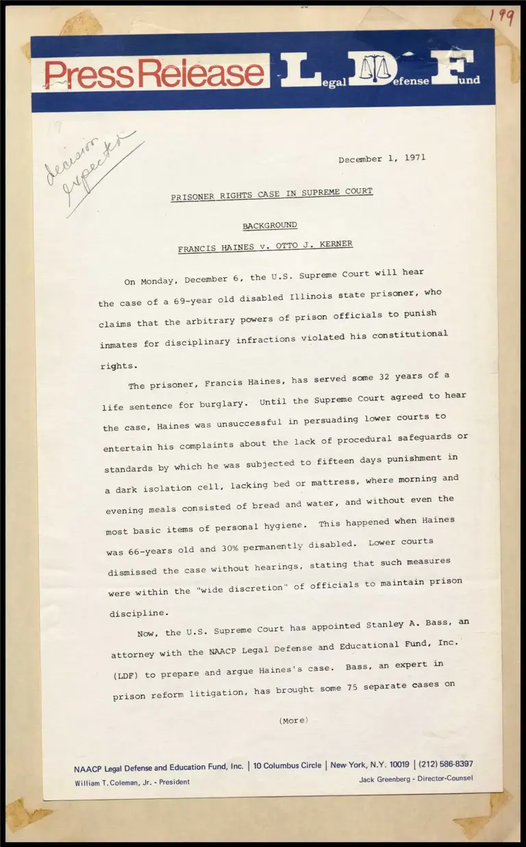 Prisoner Rights Case in Supreme Court - Background on Francis Haines v. Otto J. Kerner preview
