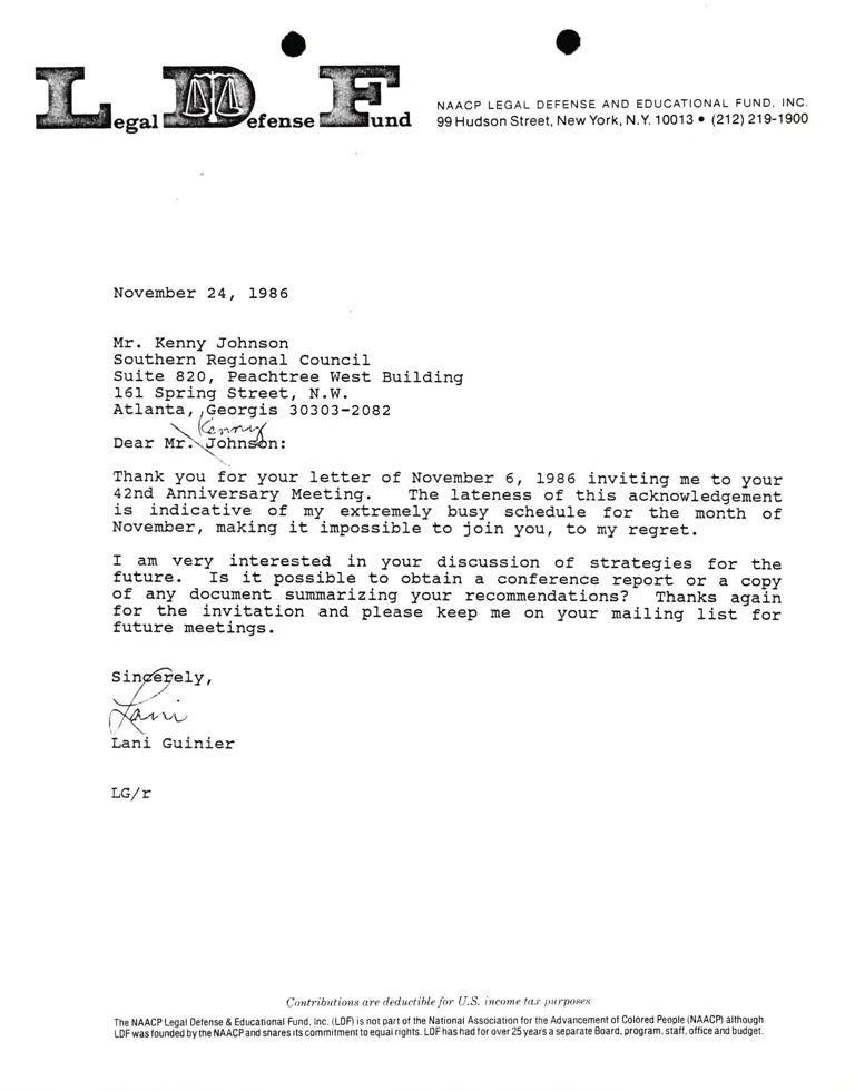 Correspondence from Lani Guinier to Kenny Johnson (Southern Regional Council) preview