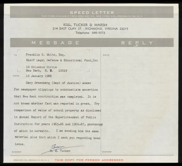 Message from Tucker to White RE: Request for News Clippings Confirming Completion of Construction preview