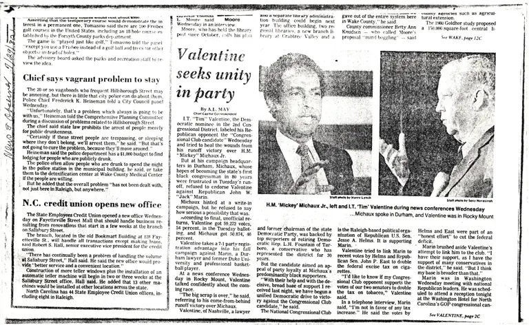 Valentine Seeks Unity in Party (Raleigh News & Observer) preview