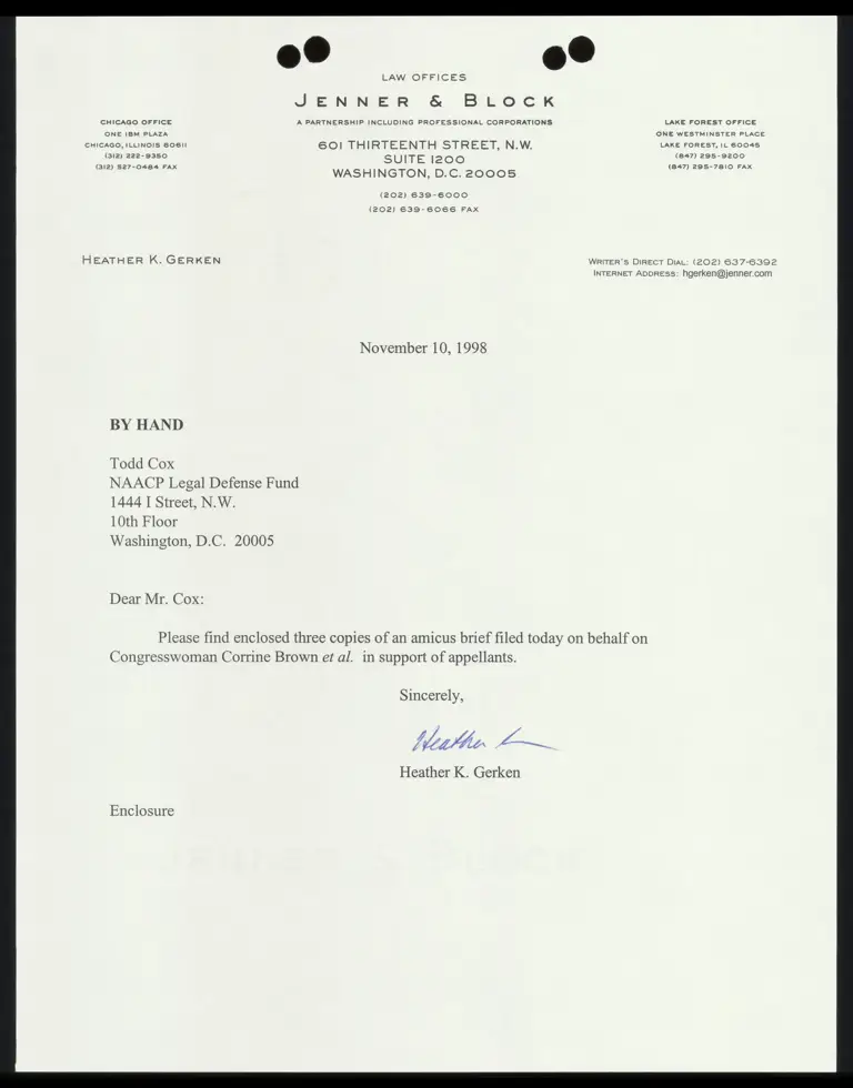 Letter From Gerken to Cox RE: Copies Of Amicus Brief Filed In Support Of Appellants preview