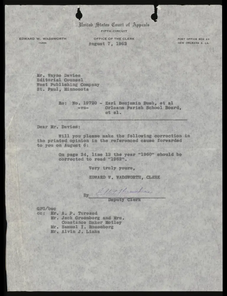 Correspondence from Clerk to Davies Re: Correction to Opinion preview