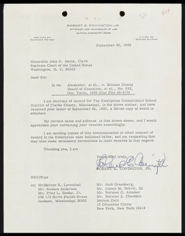 Letter to Court from Covington Jr. RE: Correction of Address preview