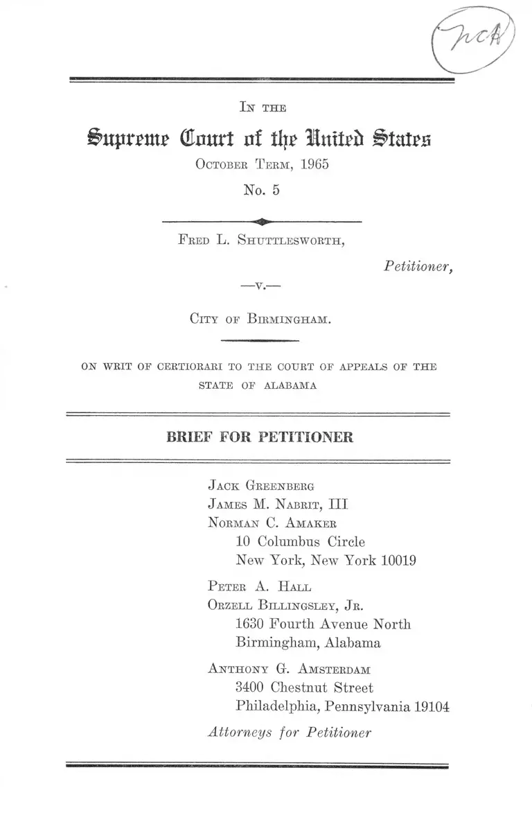 Shuttlesworth v Birmingham AL Brief for Petitioner preview