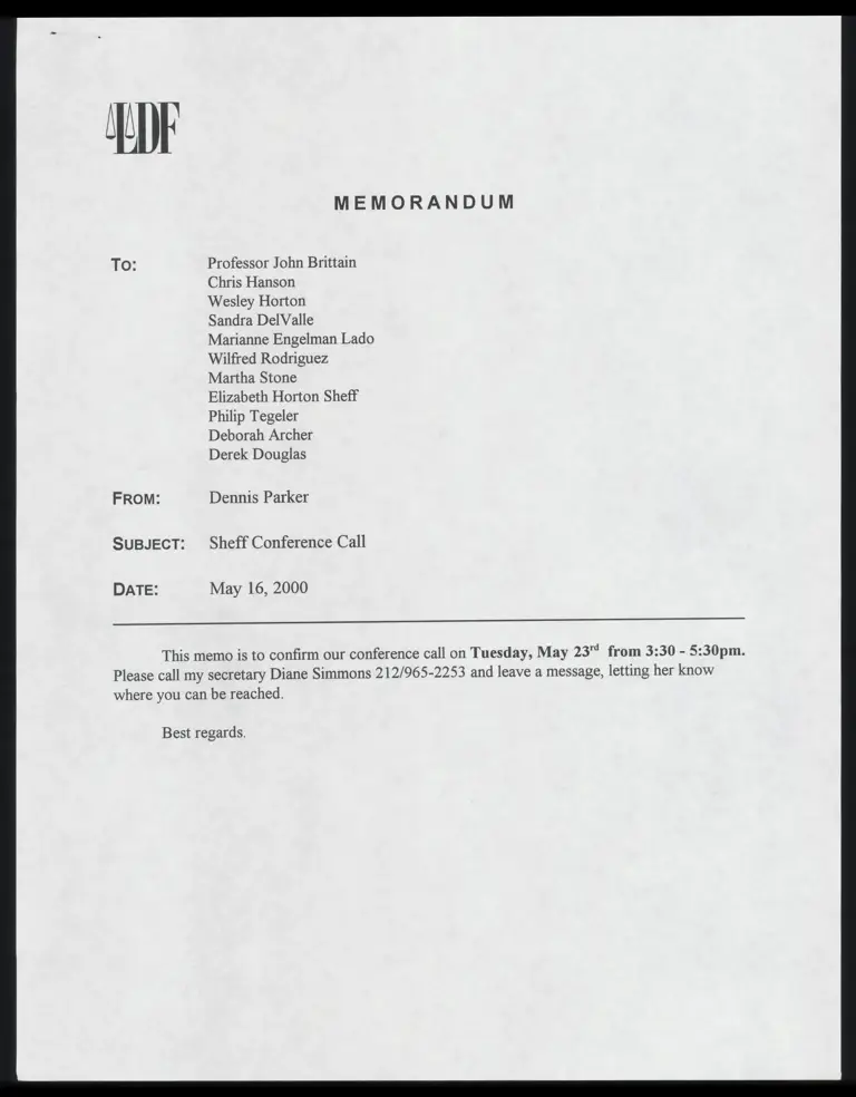 Memo RE: Sheff Conference Call preview