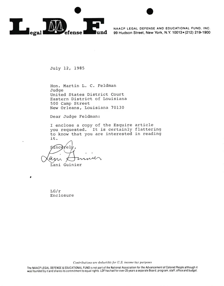 Correspondence from Lani Guinier to Judge Martin L. C. Feldman preview