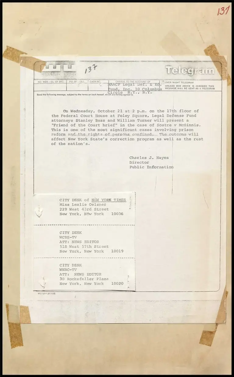 Sostre v. McGinnis "Friends of the Court Brief" to be Presented (Telegram) preview
