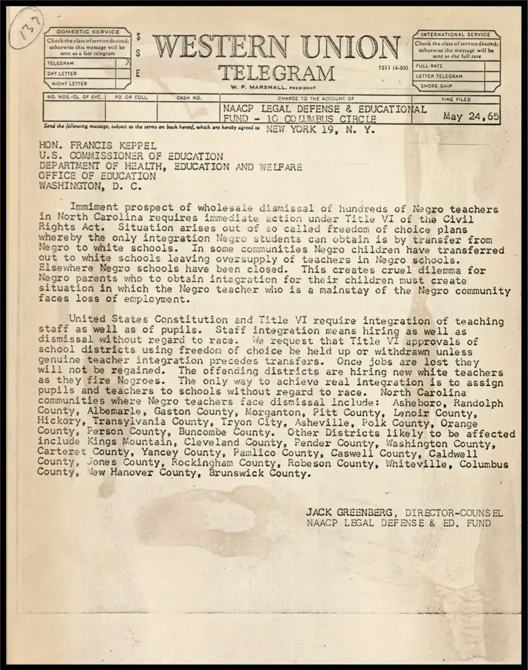 Greenberg Telegram to U.S. Education Commissioner Francis Keppel on Firing of Negro Teachers in N.C. preview
