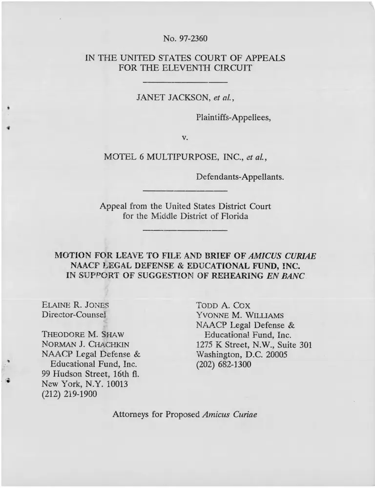 Jackson v. Motel 6 Multipurpose, Inc. Motion for Leave to File and Brief Amicus Curiae in Support of Suggestion of Rehearing En Banc preview