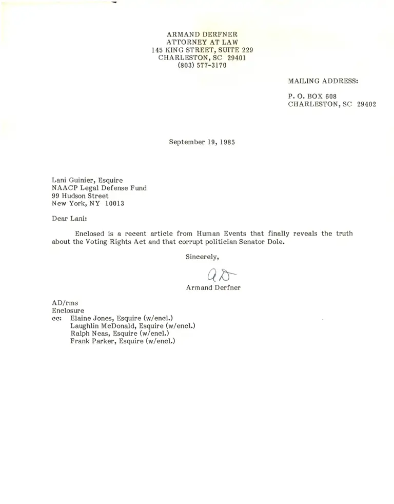 Ltr. to Lani Guinier from Armand Derfner preview