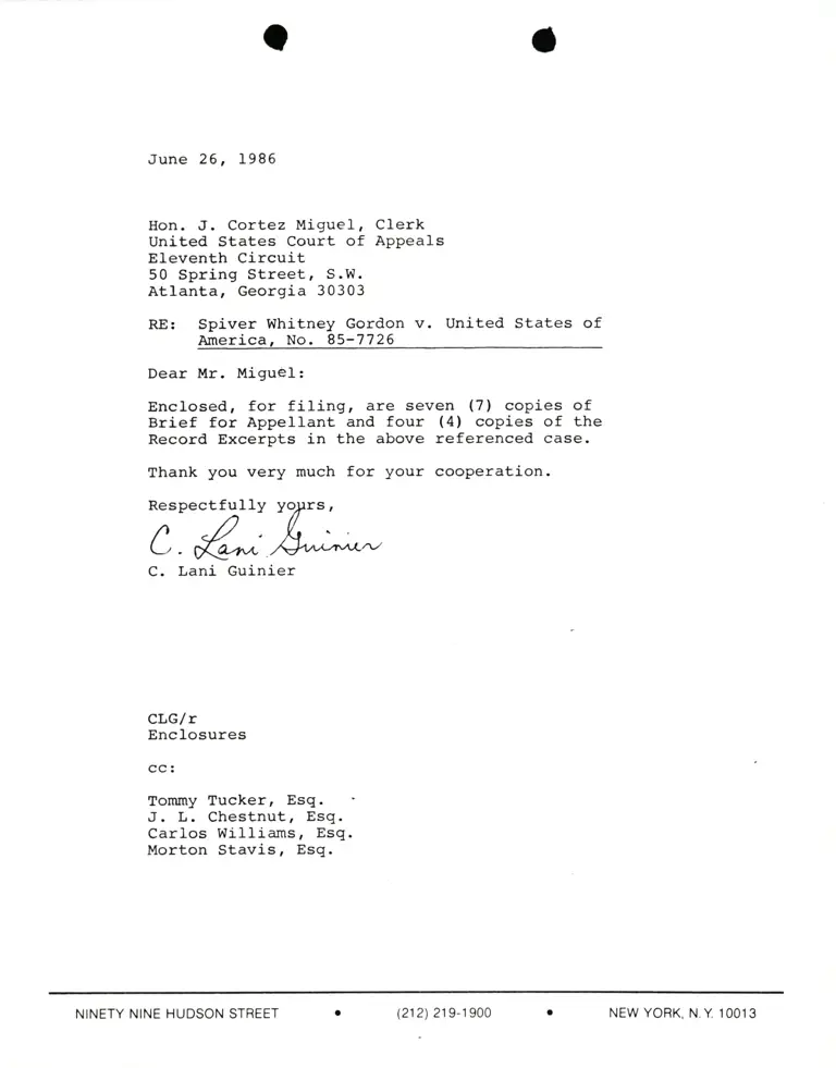 Correspondence from Lani Guinier to J. Cortez Miguel (Clerk) Re: Spiver Gordon v. United States preview